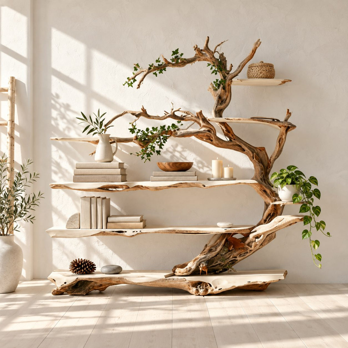 Driftwood Tree Bookshelf with Twisting Branches and Long Live Edge Shelves, Living Room Bookcase