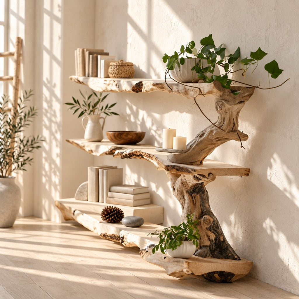 Driftwood Tree Bookshelf with Twisting Branches and Long Live Edge Shelves, Living Room Bookcase
