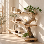 Driftwood Tree Bookshelf with Twisting Branches and Long Live Edge Shelves, Living Room Bookcase