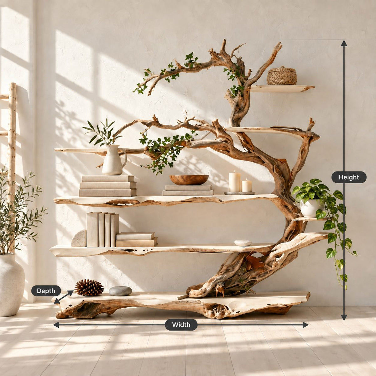 Driftwood Tree Bookshelf with Twisting Branches and Long Live Edge Shelves, Living Room Bookcase