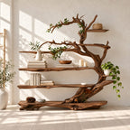 Driftwood Tree Bookshelf with Twisting Branches and Long Live Edge Shelves, Living Room Bookcase