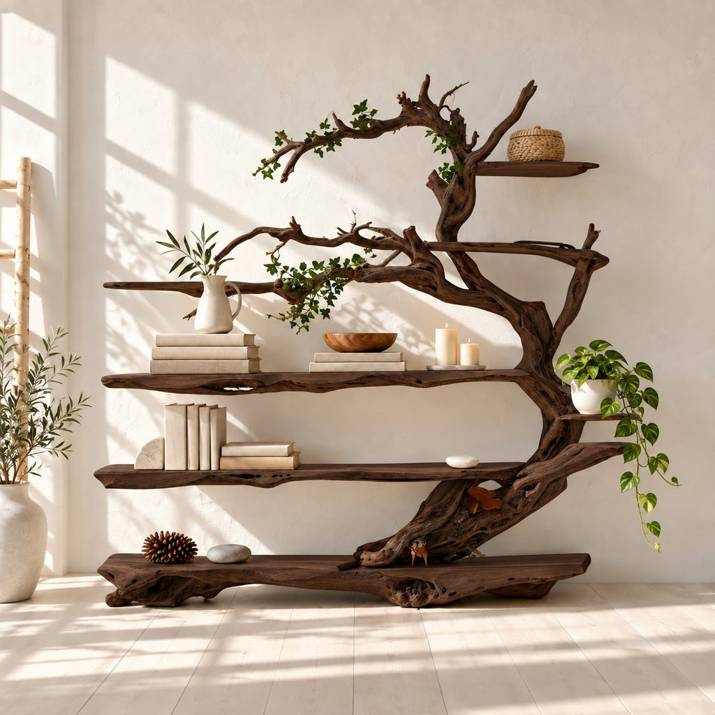 Driftwood Tree Bookshelf with Twisting Branches and Long Live Edge Shelves, Living Room Bookcase