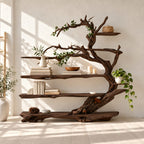 Driftwood Tree Bookshelf with Twisting Branches and Long Live Edge Shelves, Living Room Bookcase