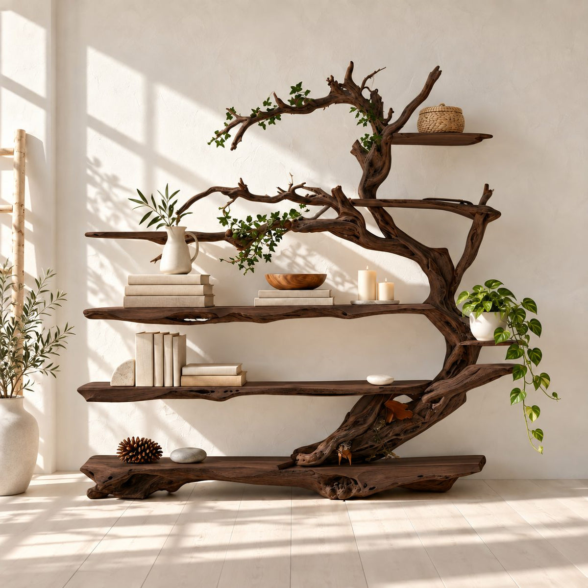 Driftwood Tree Bookshelf with Twisting Branches and Long Live Edge Shelves, Living Room Bookcase