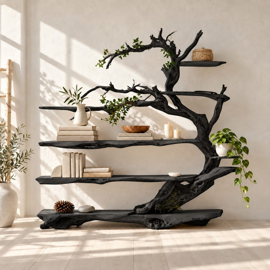 Driftwood Tree Bookshelf with Twisting Branches and Long Live Edge Shelves, Living Room Bookcase