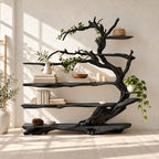 Driftwood Tree Bookshelf with Twisting Branches and Long Live Edge Shelves, Living Room Bookcase