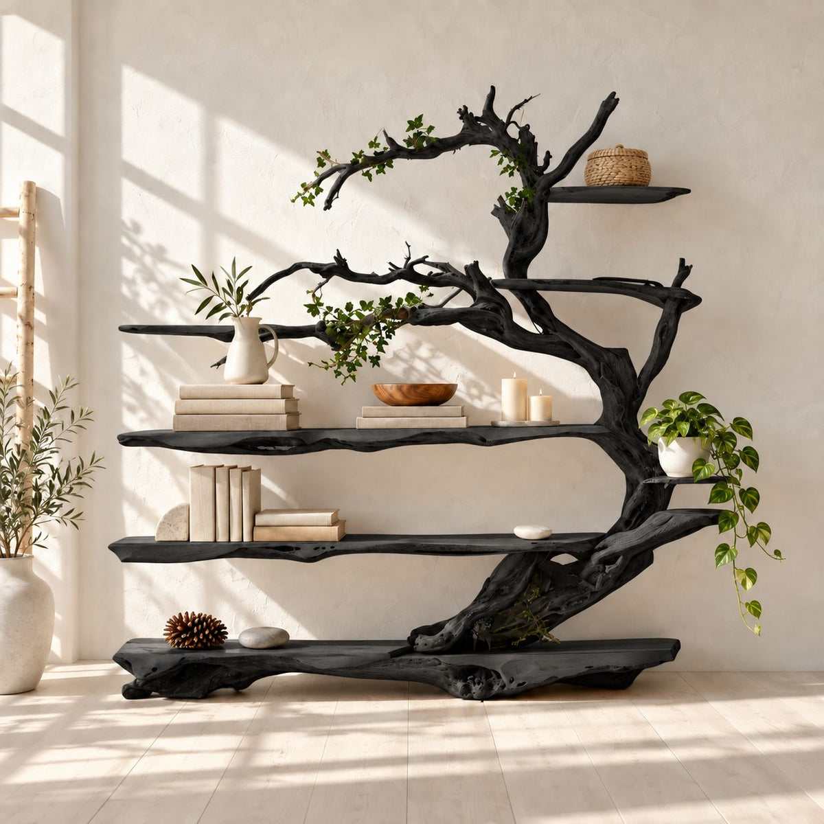 Driftwood Tree Bookshelf with Twisting Branches and Long Live Edge Shelves, Living Room Bookcase