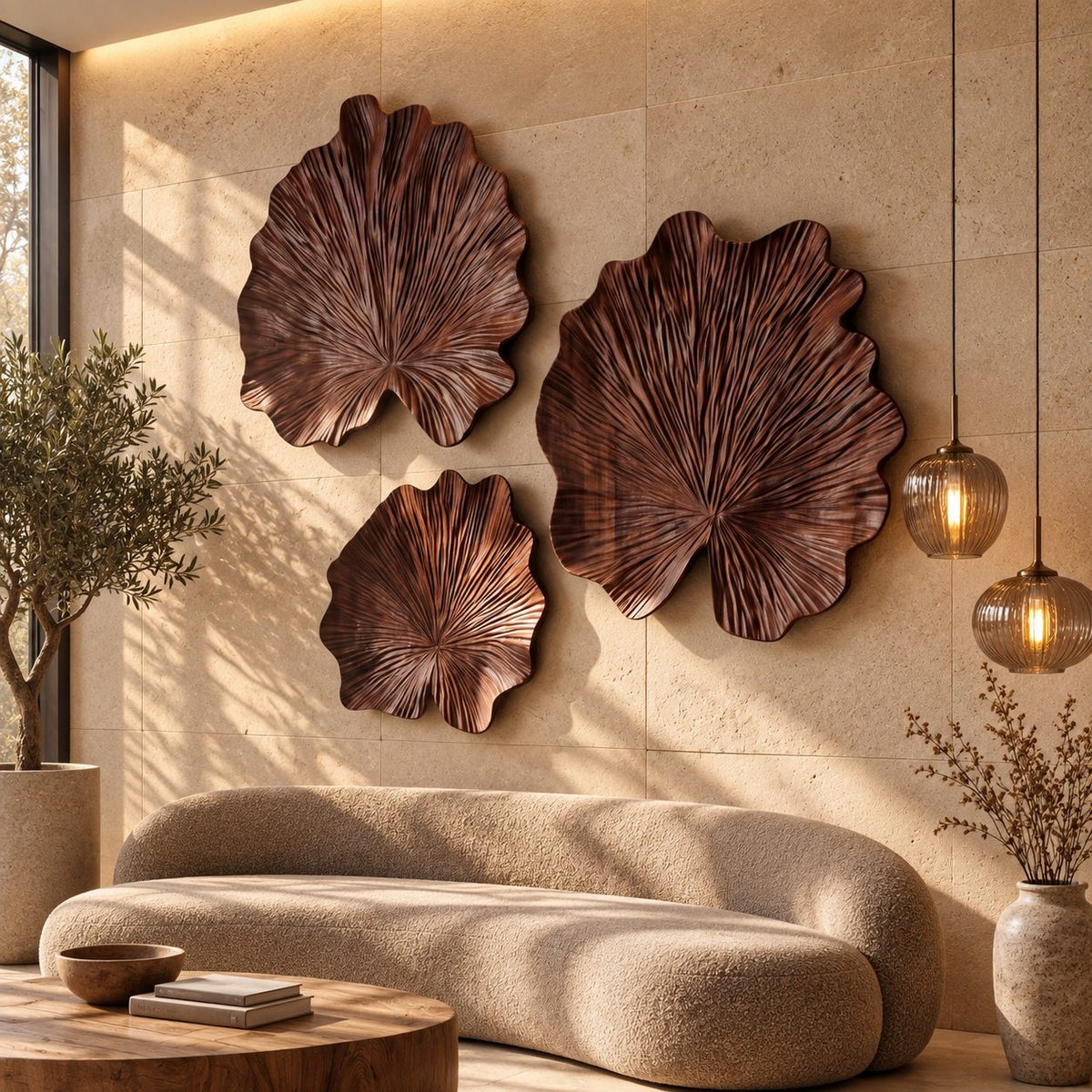Carved Wood Leaf Wall Sculpture with Ruffled Edge and Radiating Veins, Round Wall Art for Living Room