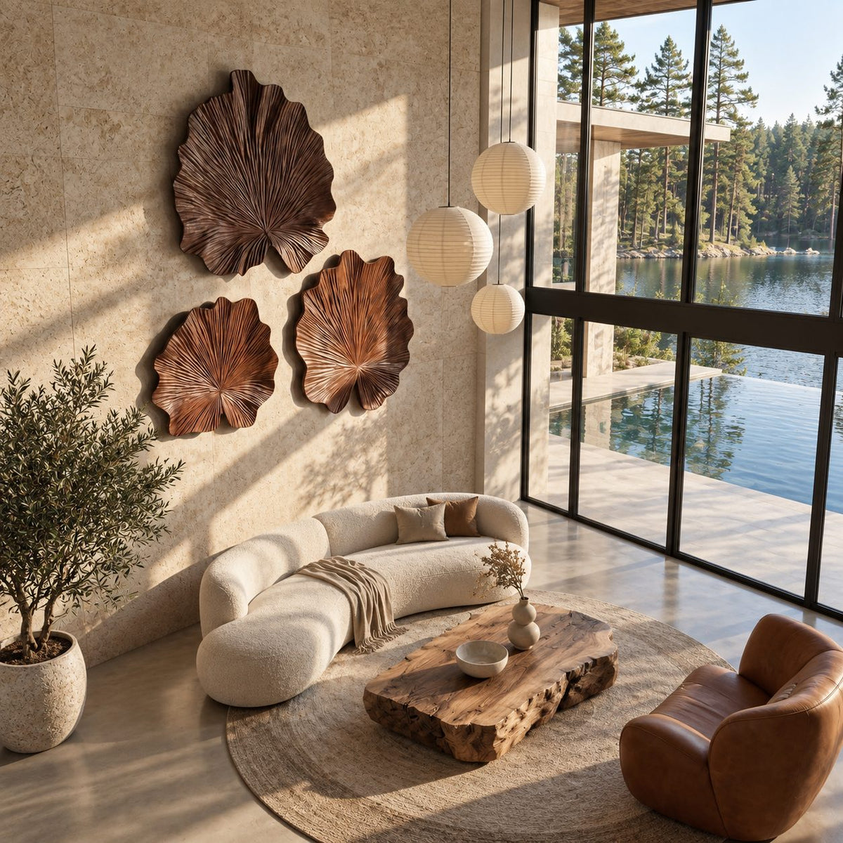 Carved Wood Leaf Wall Sculpture with Ruffled Edge and Radiating Veins, Round Wall Art for Living Room