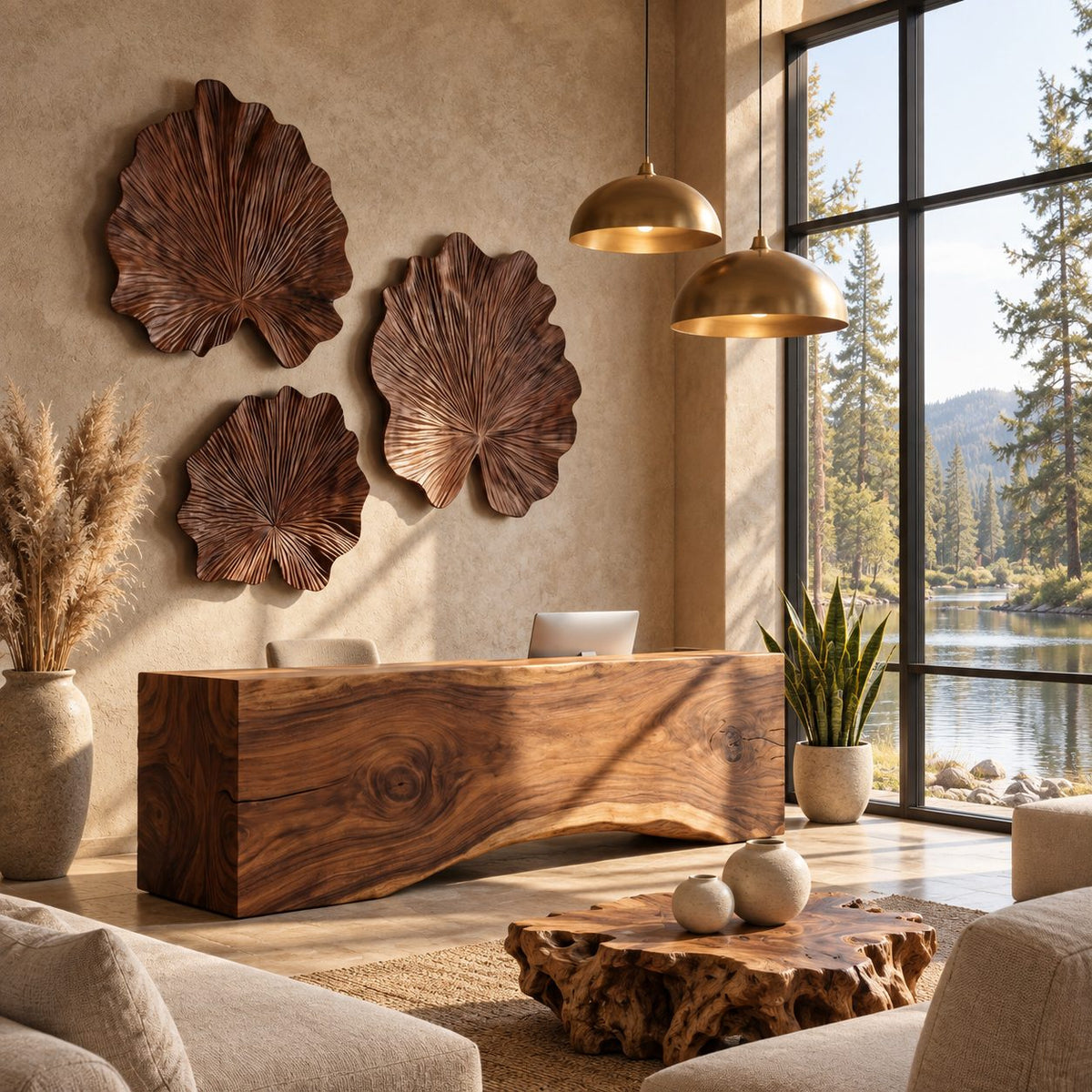 Carved Wood Leaf Wall Sculpture with Ruffled Edge and Radiating Veins, Round Wall Art for Living Room
