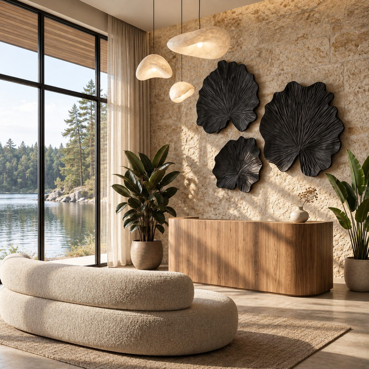 Carved Wood Leaf Wall Sculpture with Ruffled Edge and Radiating Veins, Round Wall Art for Living Room