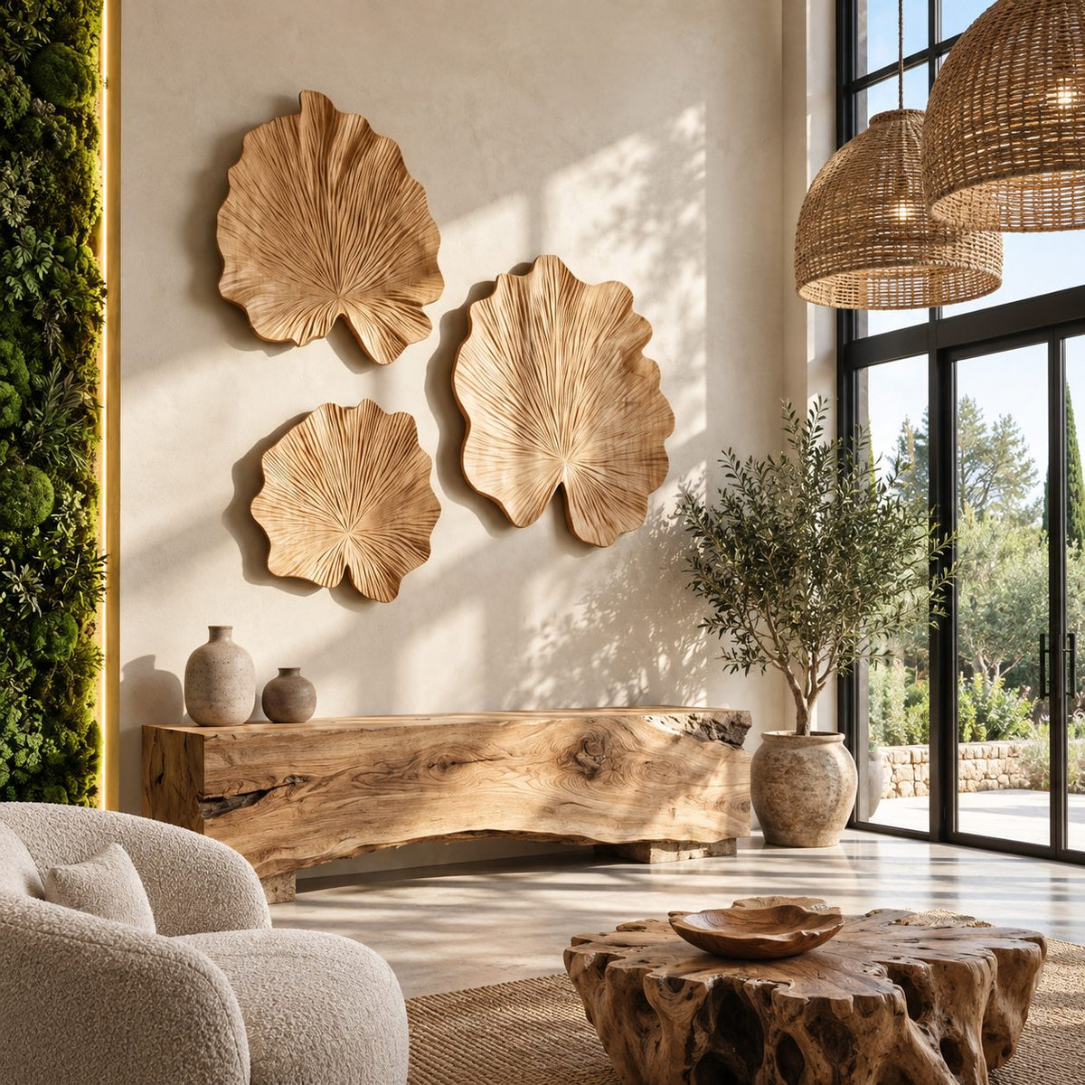 Carved Wood Leaf Wall Sculpture with Ruffled Edge and Radiating Veins, Round Wall Art for Living Room