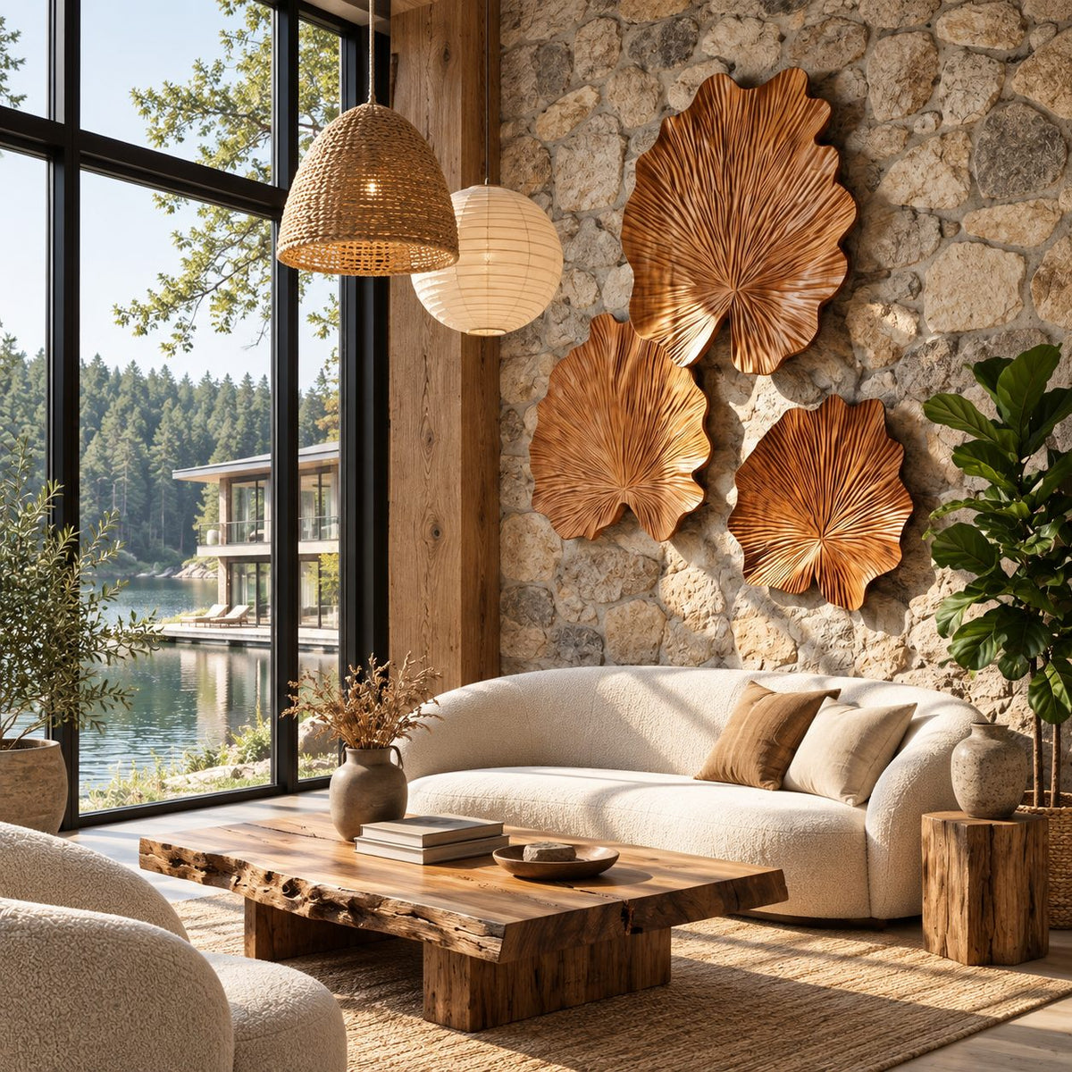 Carved Wood Leaf Wall Sculpture with Ruffled Edge and Radiating Veins, Round Wall Art for Living Room