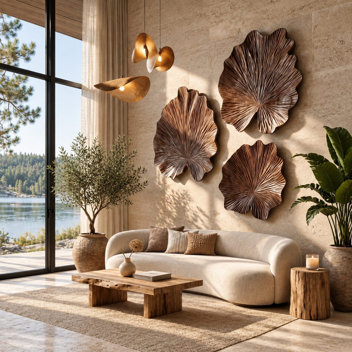 Carved Wood Leaf Wall Sculpture with Ruffled Edge and Radiating Veins, Round Wall Art for Living Room