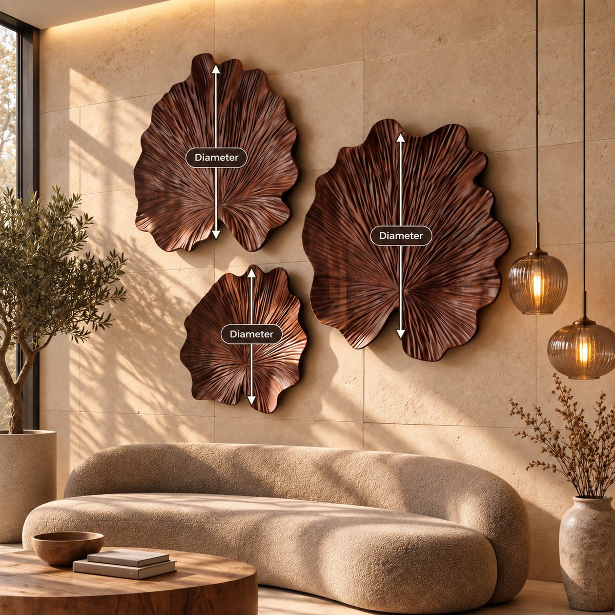 Carved Wood Leaf Wall Sculpture with Ruffled Edge and Radiating Veins, Round Wall Art for Living Room