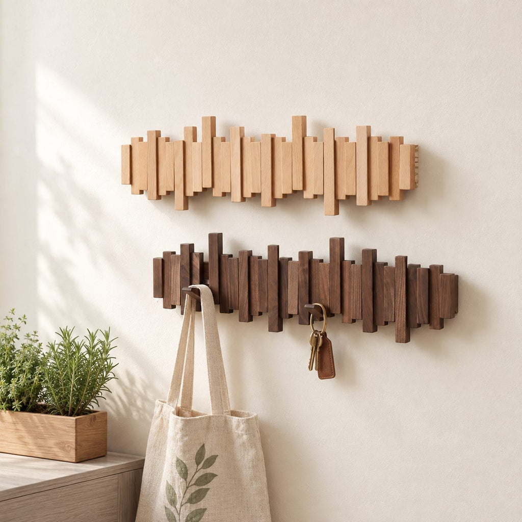 Piano Key Coat Rack Wall Mounted with Flip Down Hooks, Staggered Wood Bar Entryway Hook Rack