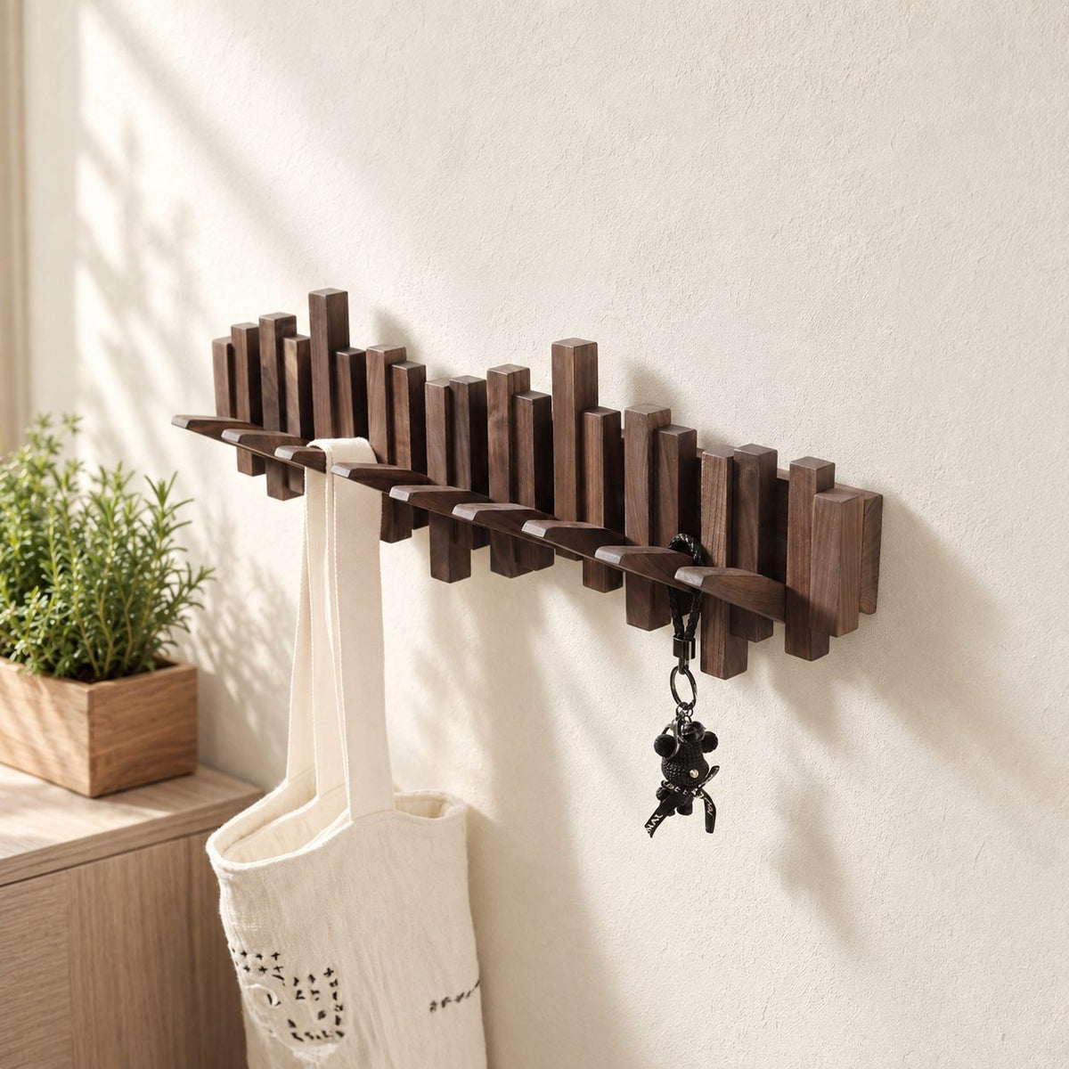 Piano Key Coat Rack Wall Mounted with Flip Down Hooks, Staggered Wood Bar Entryway Hook Rack