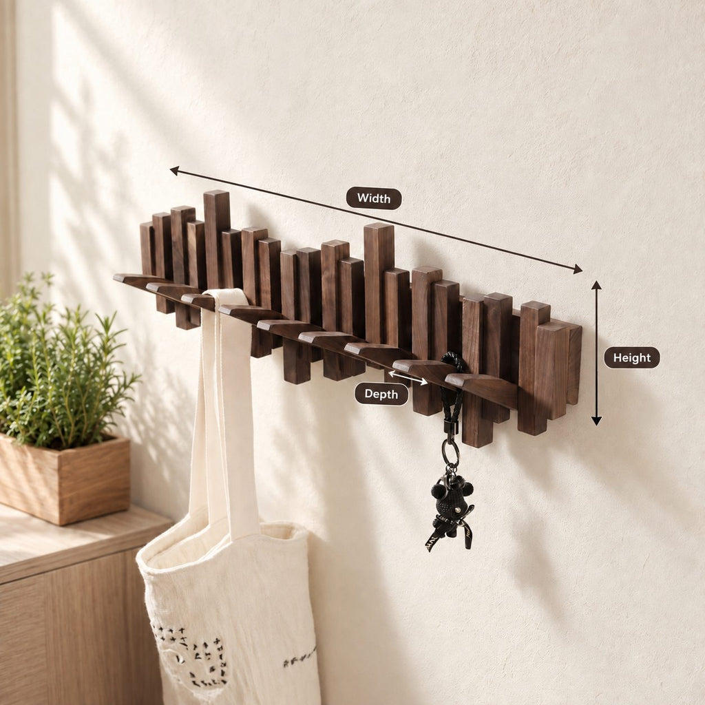 Piano Key Coat Rack Wall Mounted with Flip Down Hooks, Staggered Wood Bar Entryway Hook Rack