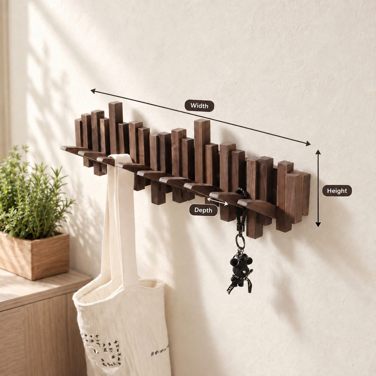 Piano Key Coat Rack Wall Mounted with Flip Down Hooks, Staggered Wood Bar Entryway Hook Rack