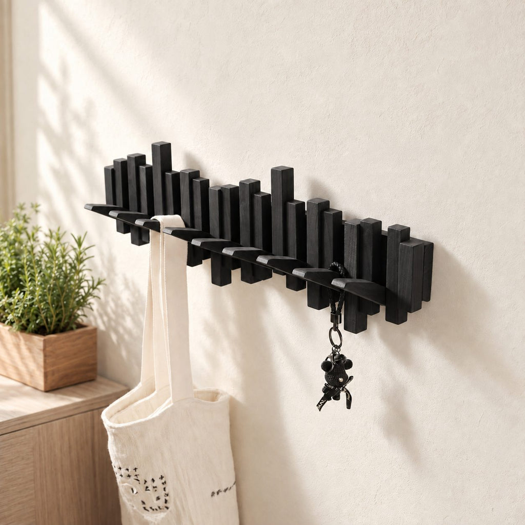 Piano Key Coat Rack Wall Mounted with Flip Down Hooks, Staggered Wood Bar Entryway Hook Rack