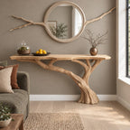 Tree Trunk Console Table with Branching Base and Live Edge Top, Rustic Solid Wood Entryway Table