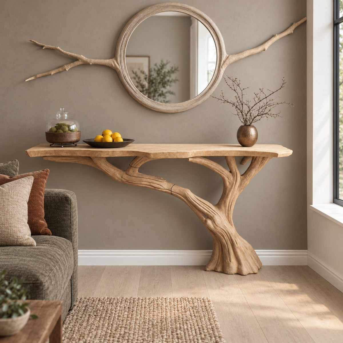Tree Trunk Console Table with Branching Base and Live Edge Top, Rustic Solid Wood Entryway Table
