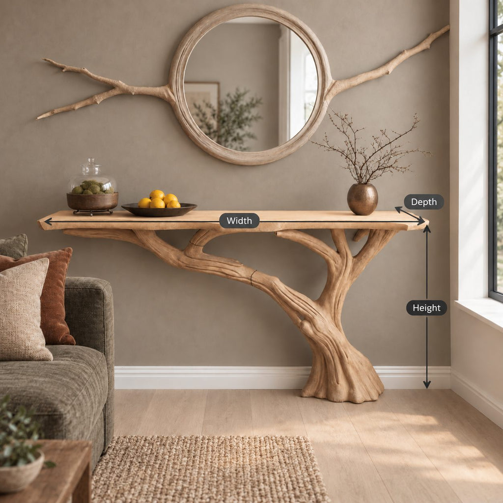 Tree Trunk Console Table with Branching Base and Live Edge Top, Rustic Solid Wood Entryway Table