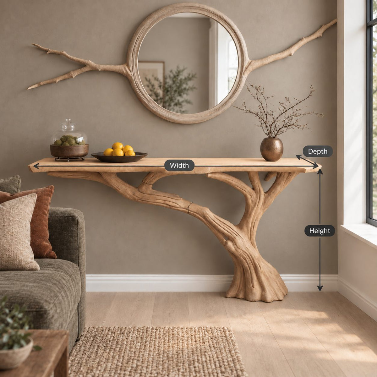 Tree Trunk Console Table with Branching Base and Live Edge Top, Rustic Solid Wood Entryway Table