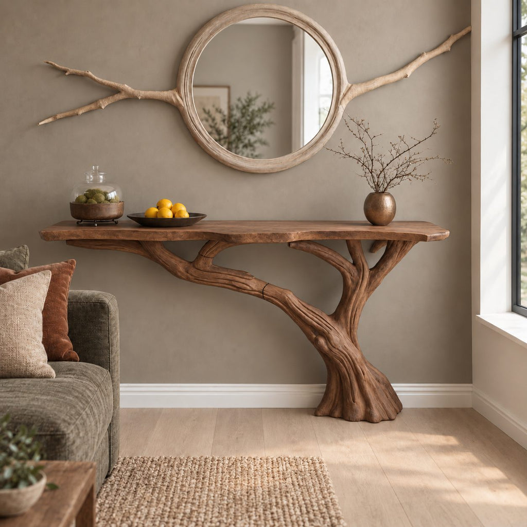 Tree Trunk Console Table with Branching Base and Live Edge Top, Rustic Solid Wood Entryway Table