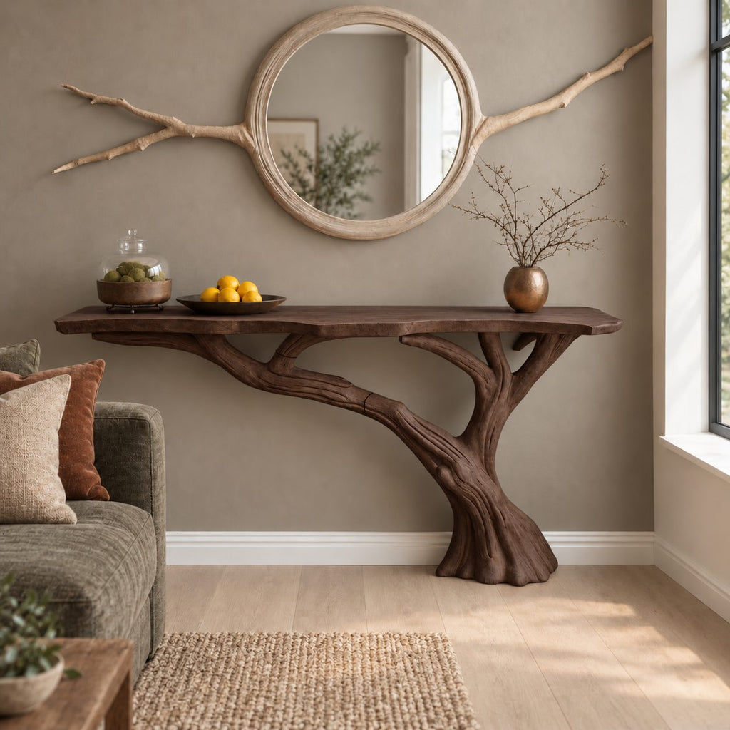 Tree Trunk Console Table with Branching Base and Live Edge Top, Rustic Solid Wood Entryway Table
