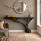 Tree Trunk Console Table with Branching Base and Live Edge Top, Rustic Solid Wood Entryway Table