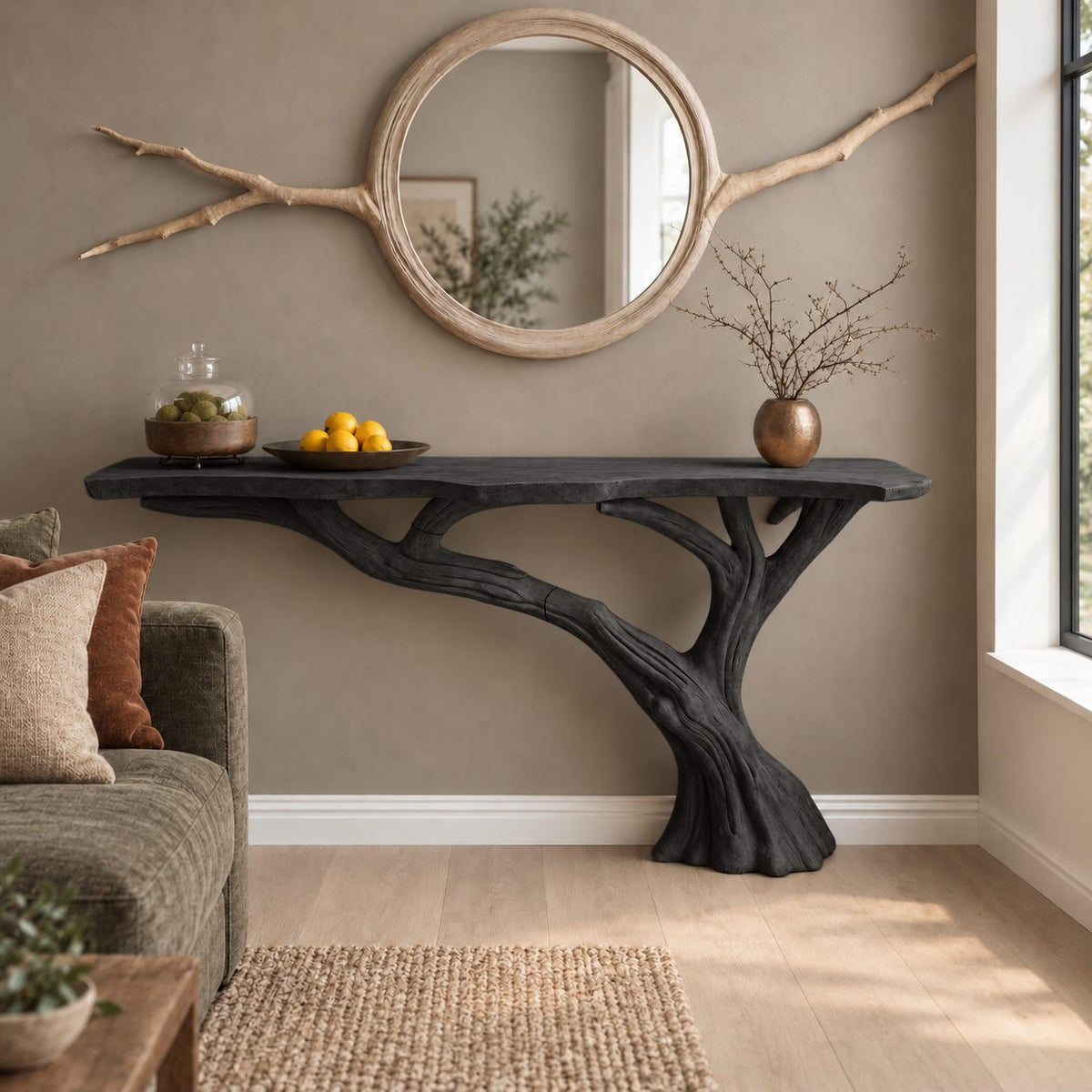 Tree Trunk Console Table with Branching Base and Live Edge Top, Rustic Solid Wood Entryway Table