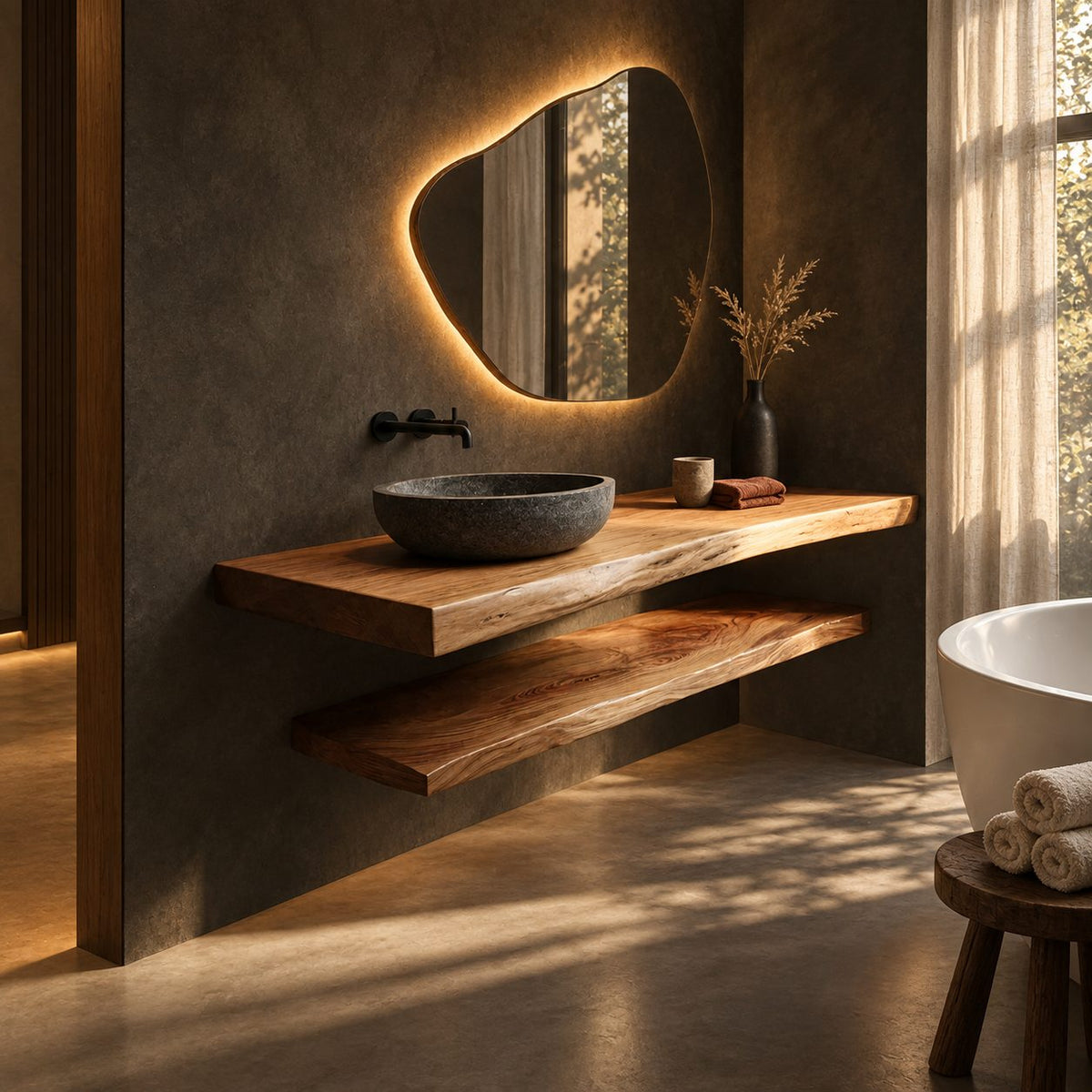 Floating Bathroom Vanity 16-48 Inch Two Tier Live Edge Counter and Open Shelf, Wall Mounted