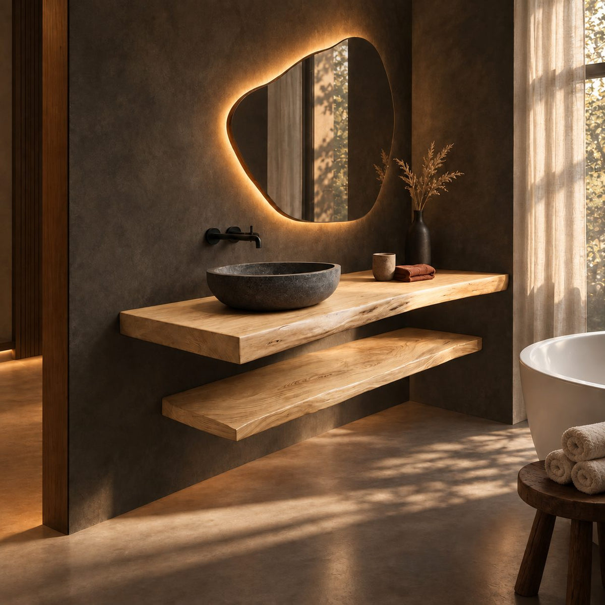 Floating Bathroom Vanity 16-48 Inch Two Tier Live Edge Counter and Open Shelf, Wall Mounted