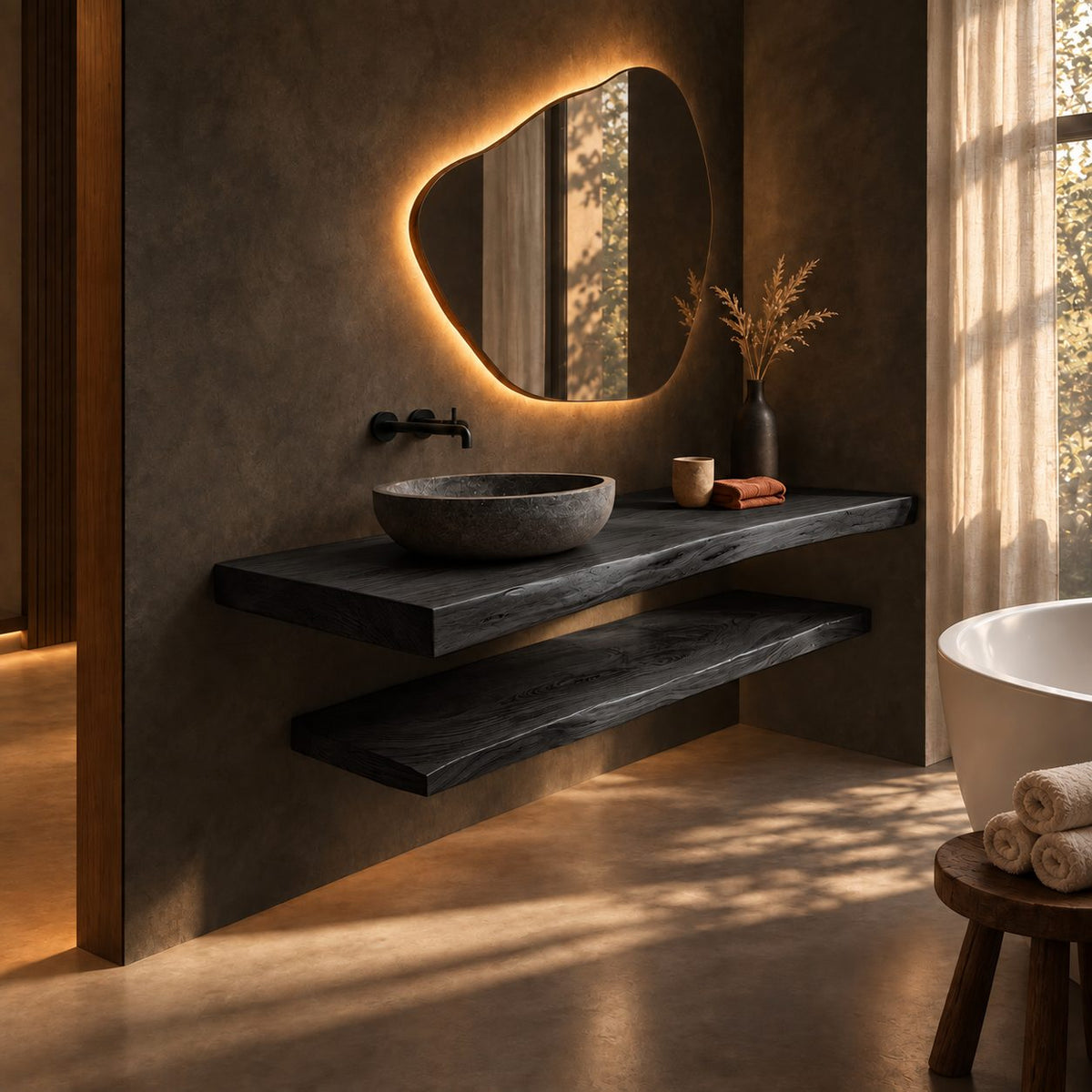 Floating Bathroom Vanity 16-48 Inch Two Tier Live Edge Counter and Open Shelf, Wall Mounted