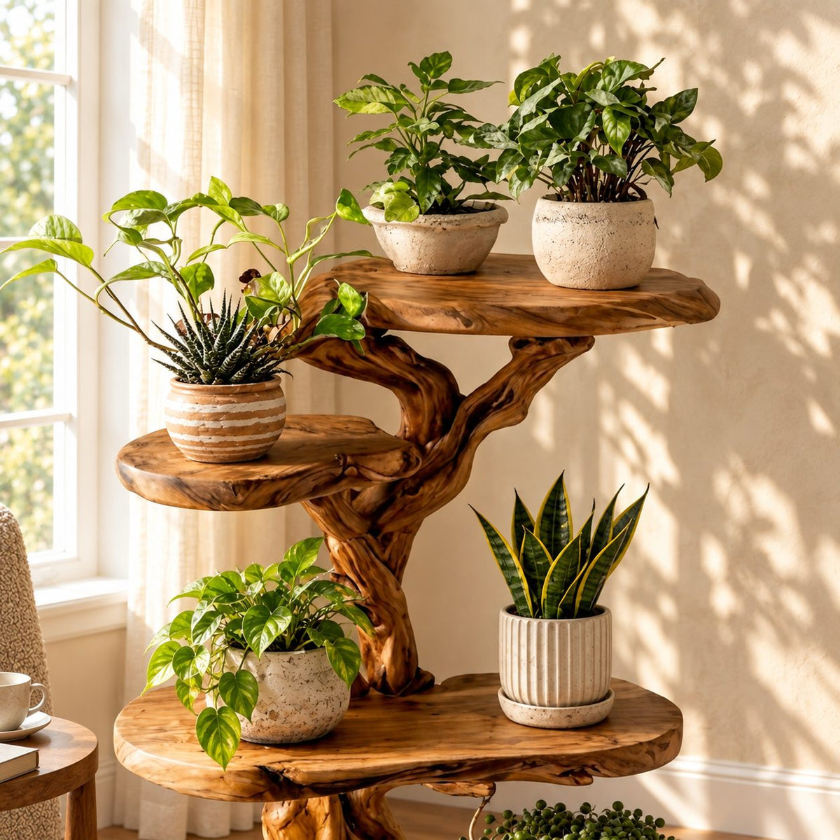 Tree Plant Stand with Twisting Trunk and Round Live Edge Platforms, Multi Level Indoor Plant Shelf