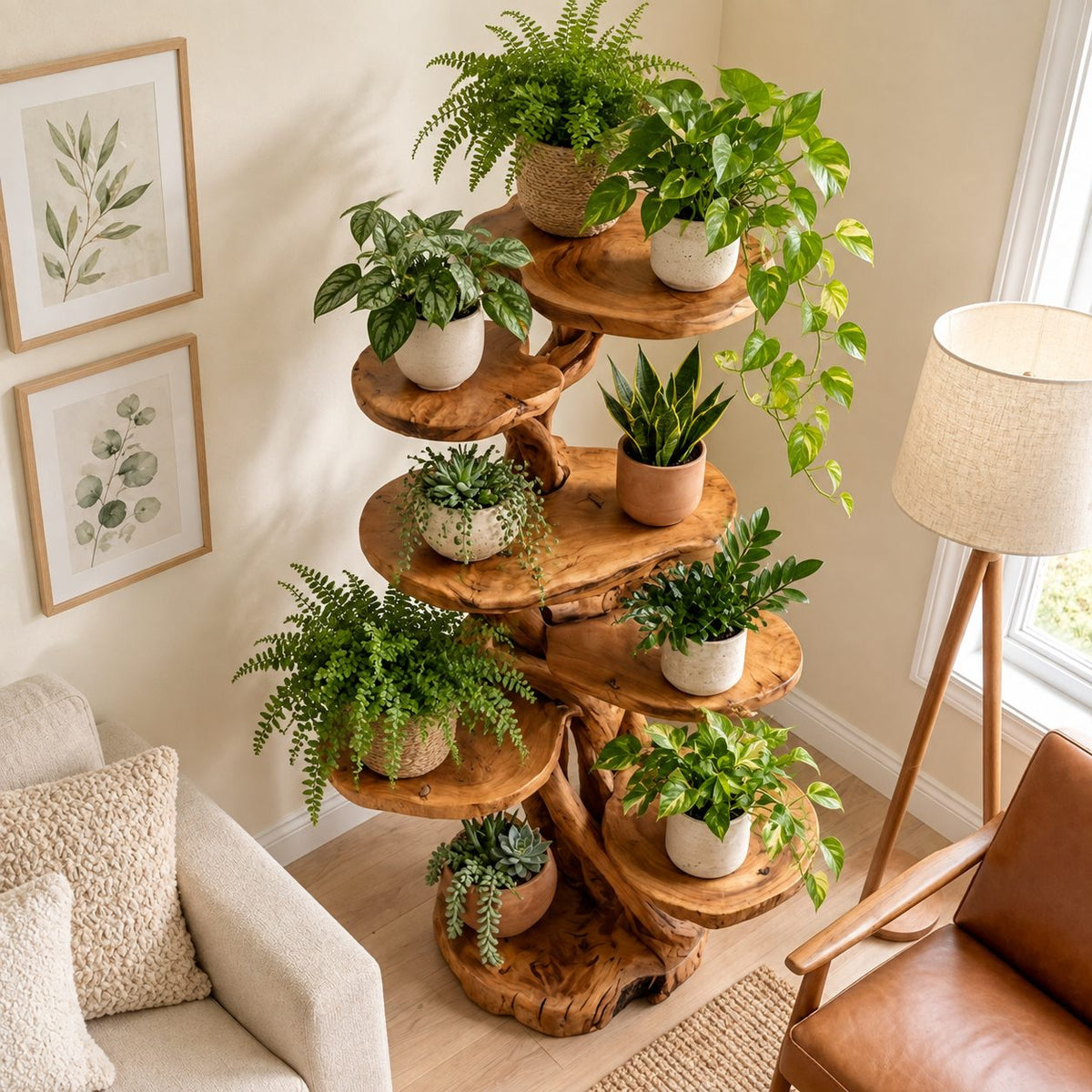 Tree Plant Stand with Twisting Trunk and Round Live Edge Platforms, Multi Level Indoor Plant Shelf