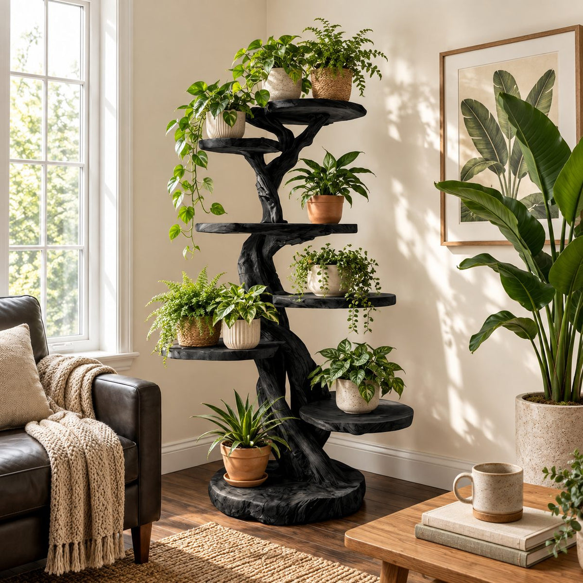 Tree Plant Stand with Twisting Trunk and Round Live Edge Platforms, Multi Level Indoor Plant Shelf