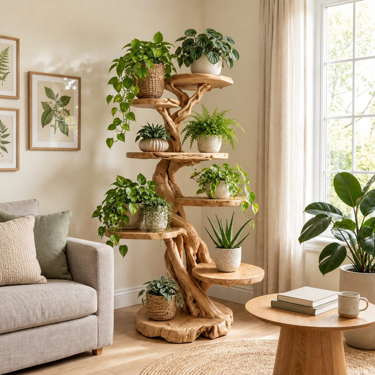 Tree Plant Stand with Twisting Trunk and Round Live Edge Platforms, Multi Level Indoor Plant Shelf