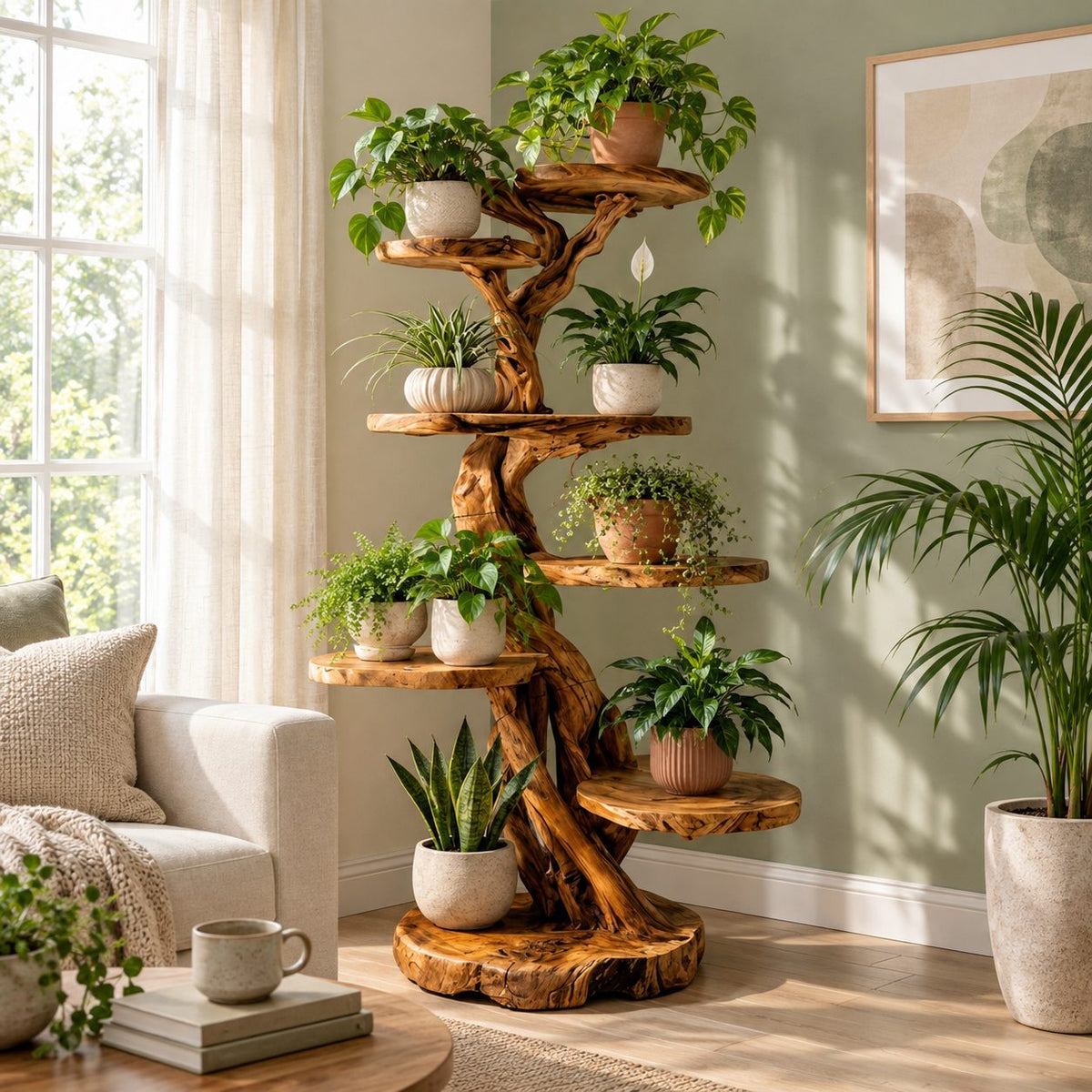 Tree Plant Stand with Twisting Trunk and Round Live Edge Platforms, Multi Level Indoor Plant Shelf