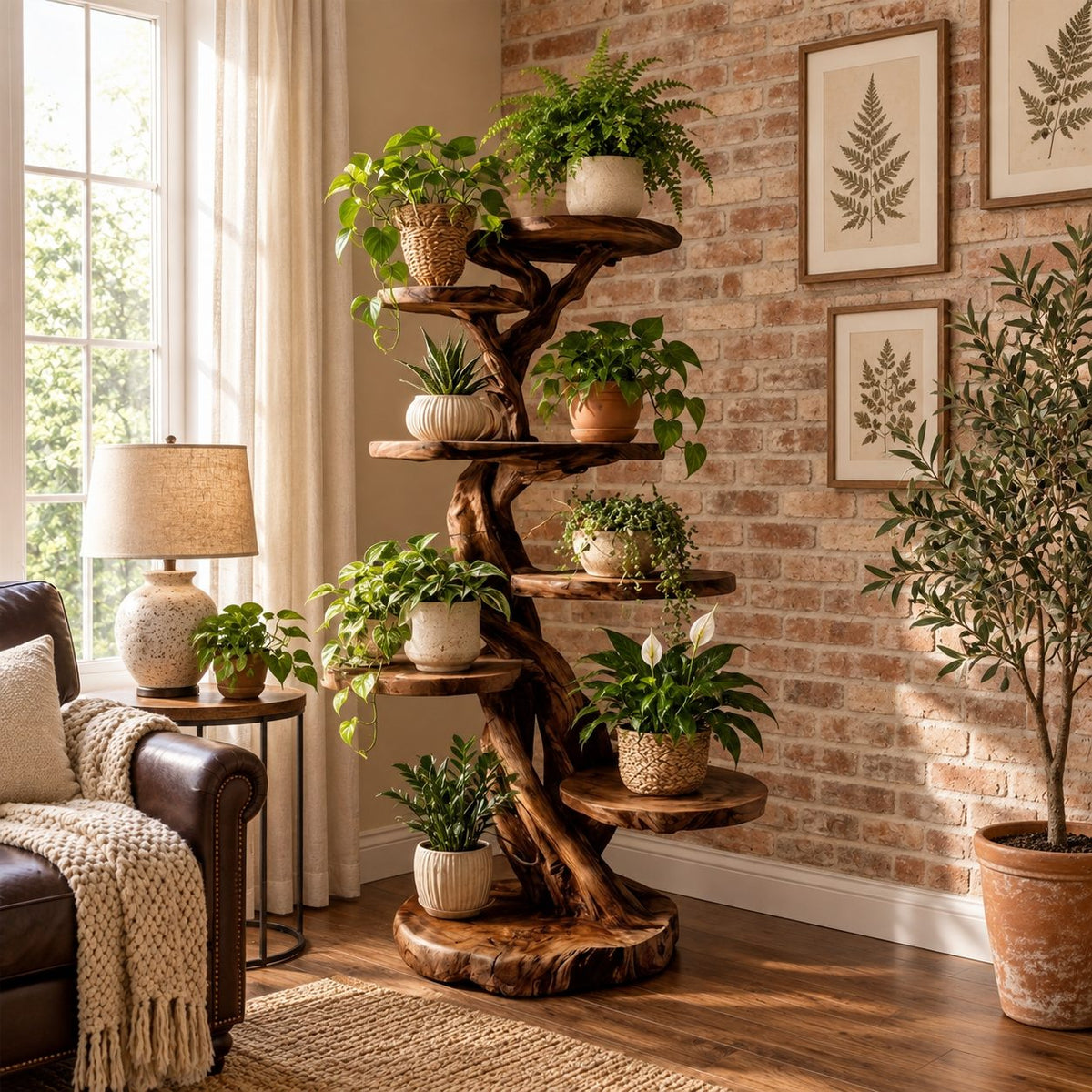 Tree Plant Stand with Twisting Trunk and Round Live Edge Platforms, Multi Level Indoor Plant Shelf