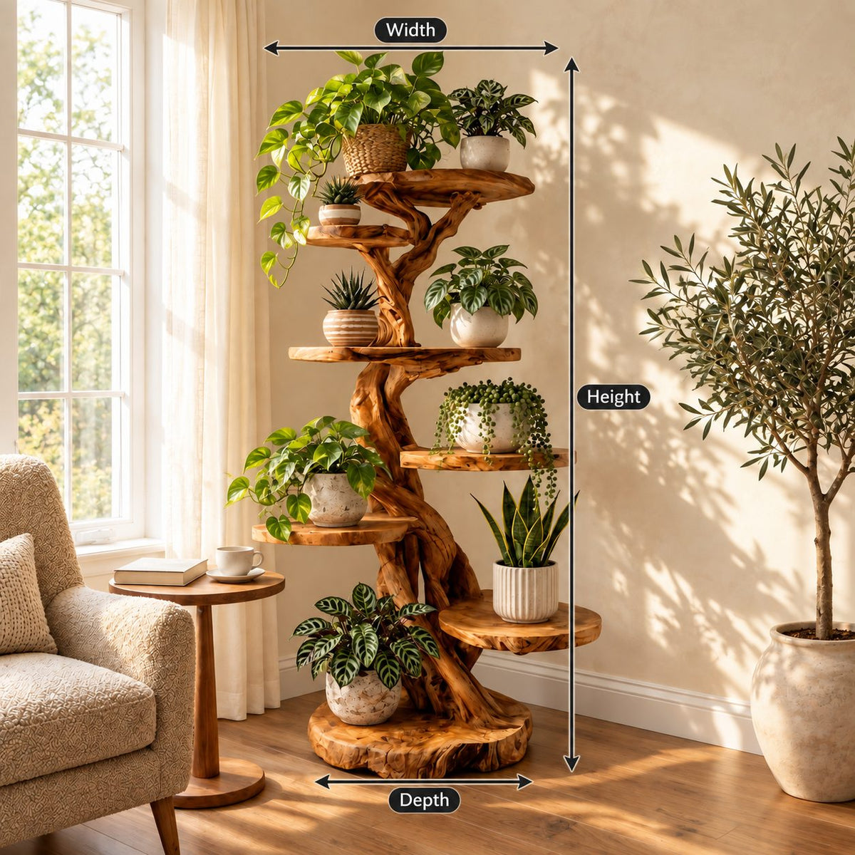Tree Plant Stand with Twisting Trunk and Round Live Edge Platforms, Multi Level Indoor Plant Shelf