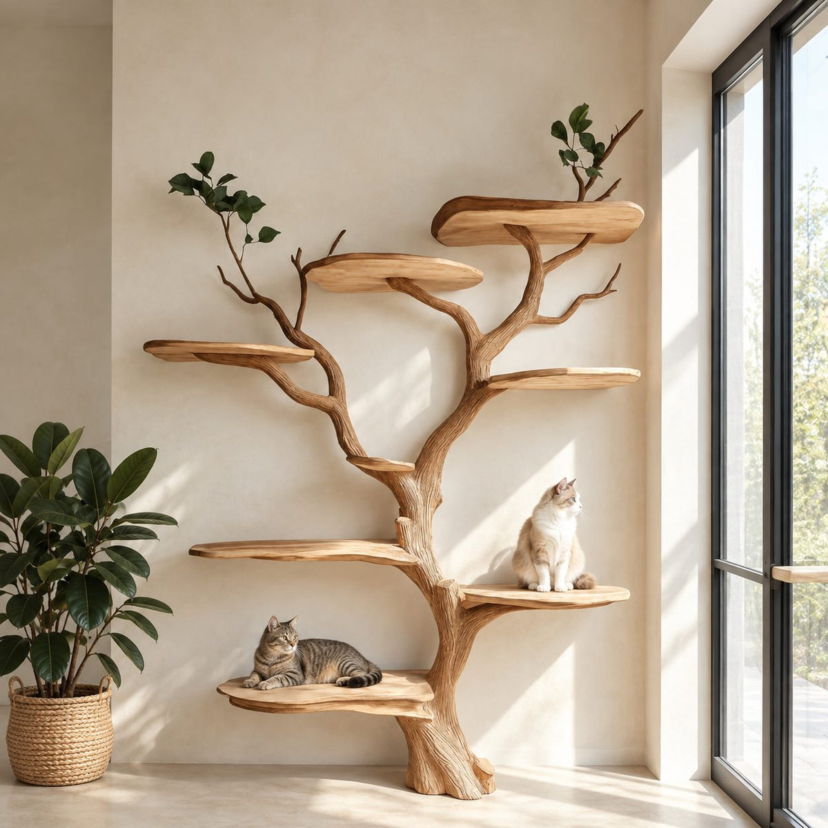 Wall Cat Tree with Sculpted Trunk and Branch Perches, Solid Wood Cat Climbing Shelves