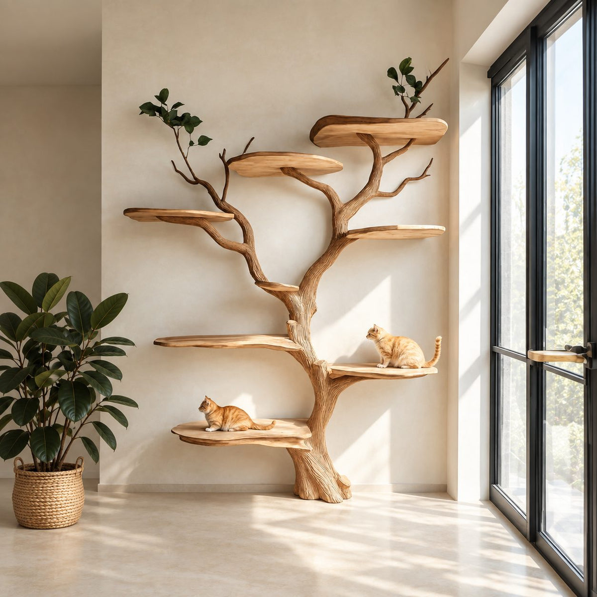 Wall Cat Tree with Sculpted Trunk and Branch Perches, Solid Wood Cat Climbing Shelves