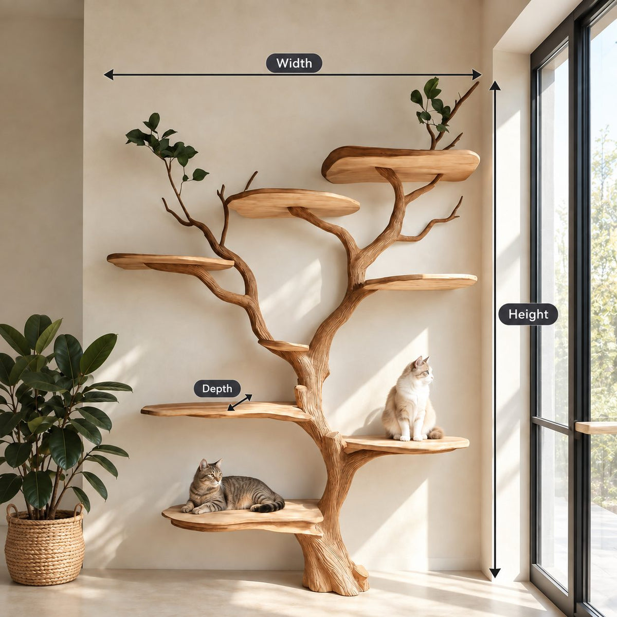 Wall Cat Tree with Sculpted Trunk and Branch Perches, Solid Wood Cat Climbing Shelves