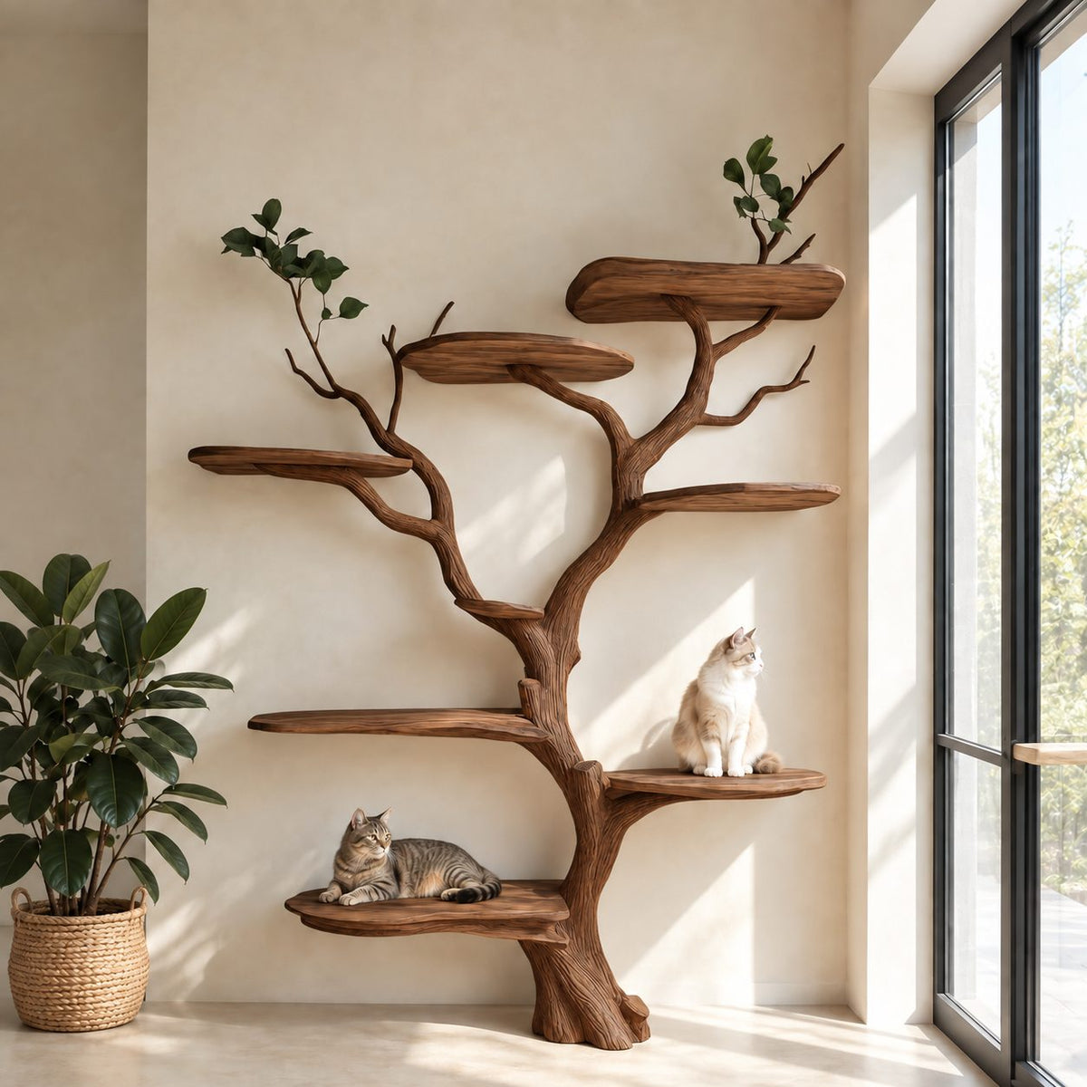 Wall Cat Tree with Sculpted Trunk and Branch Perches, Solid Wood Cat Climbing Shelves