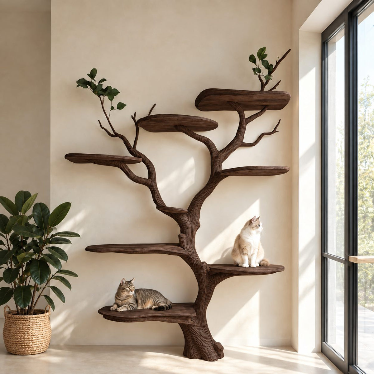 Wall Cat Tree with Sculpted Trunk and Branch Perches, Solid Wood Cat Climbing Shelves
