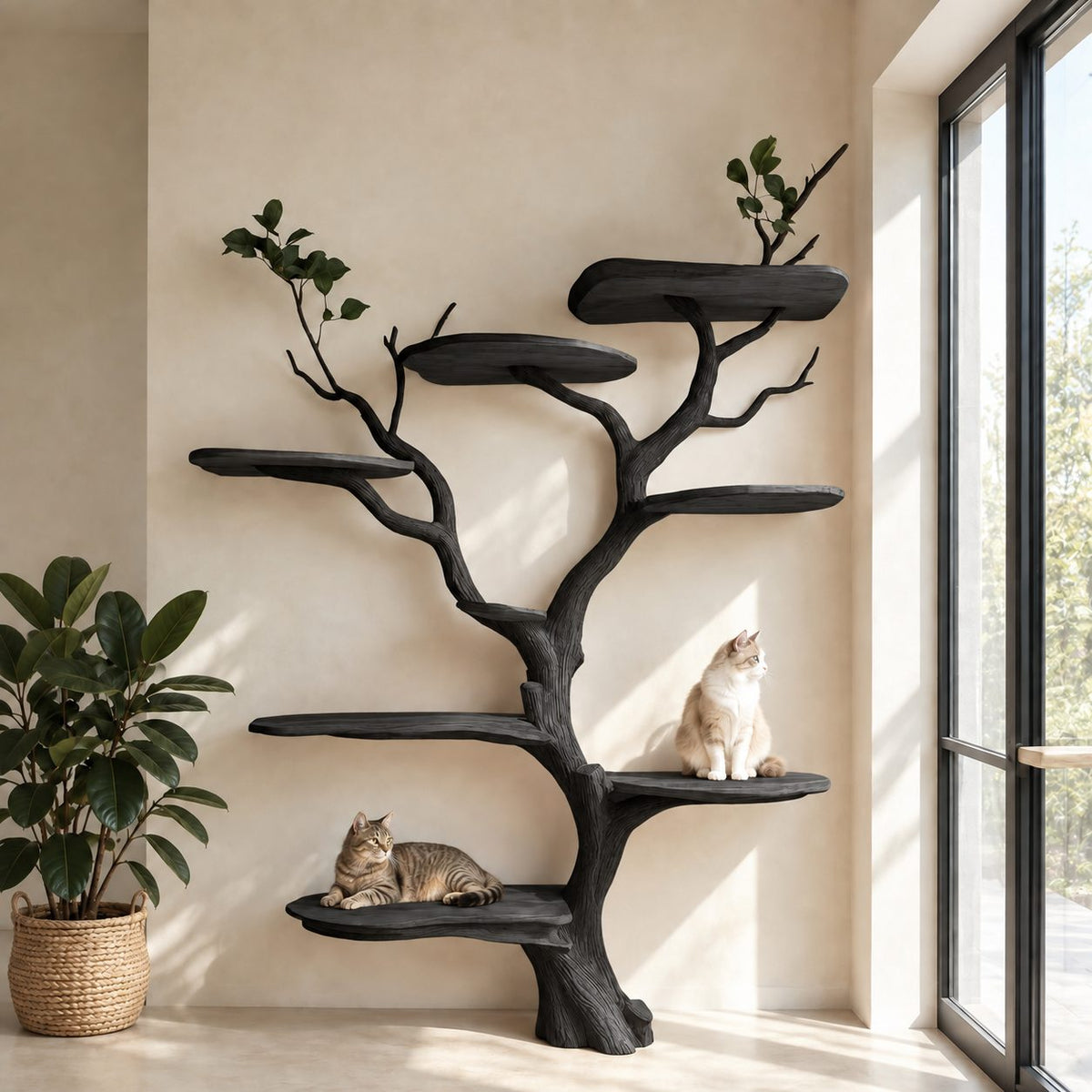 Wall Cat Tree with Sculpted Trunk and Branch Perches, Solid Wood Cat Climbing Shelves