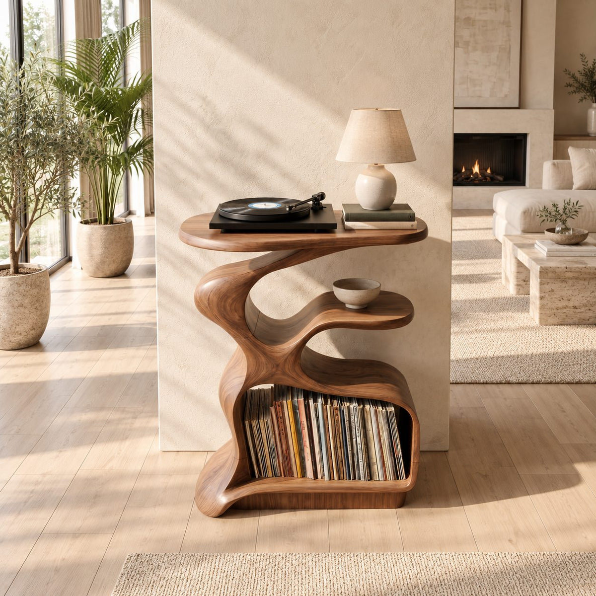 Record Player Stand Sculptural S Curve with Vinyl Storage Cubby, Organic Turntable Stand