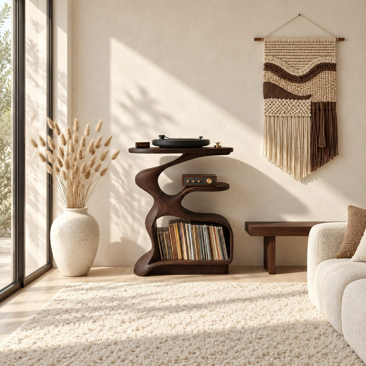 Record Player Stand Sculptural S Curve with Vinyl Storage Cubby, Organic Turntable Stand
